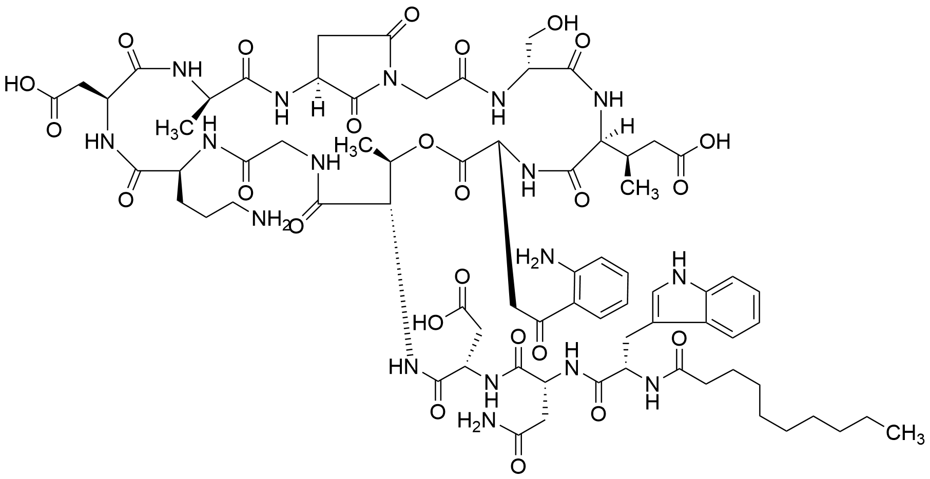 [121869-35-0] 9-（2,5-d |-二氧-L-3-氨基-1-吡咯烷乙酸）-10-脱甘氨酸达托霉素